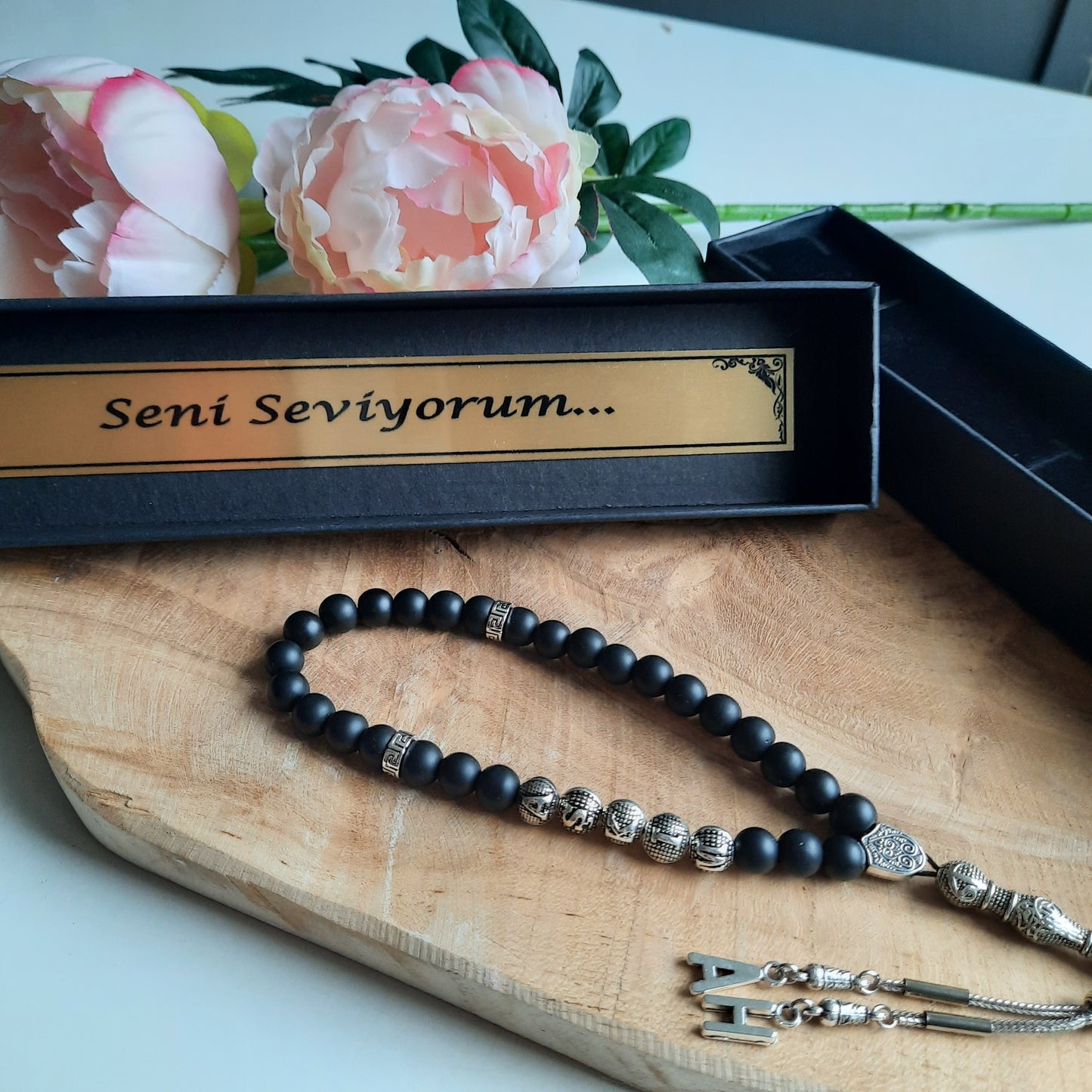 Tesbih als Komplett-SET , 3-teilig: Tesbih mit Wunschname + Kartonbox + Spruch