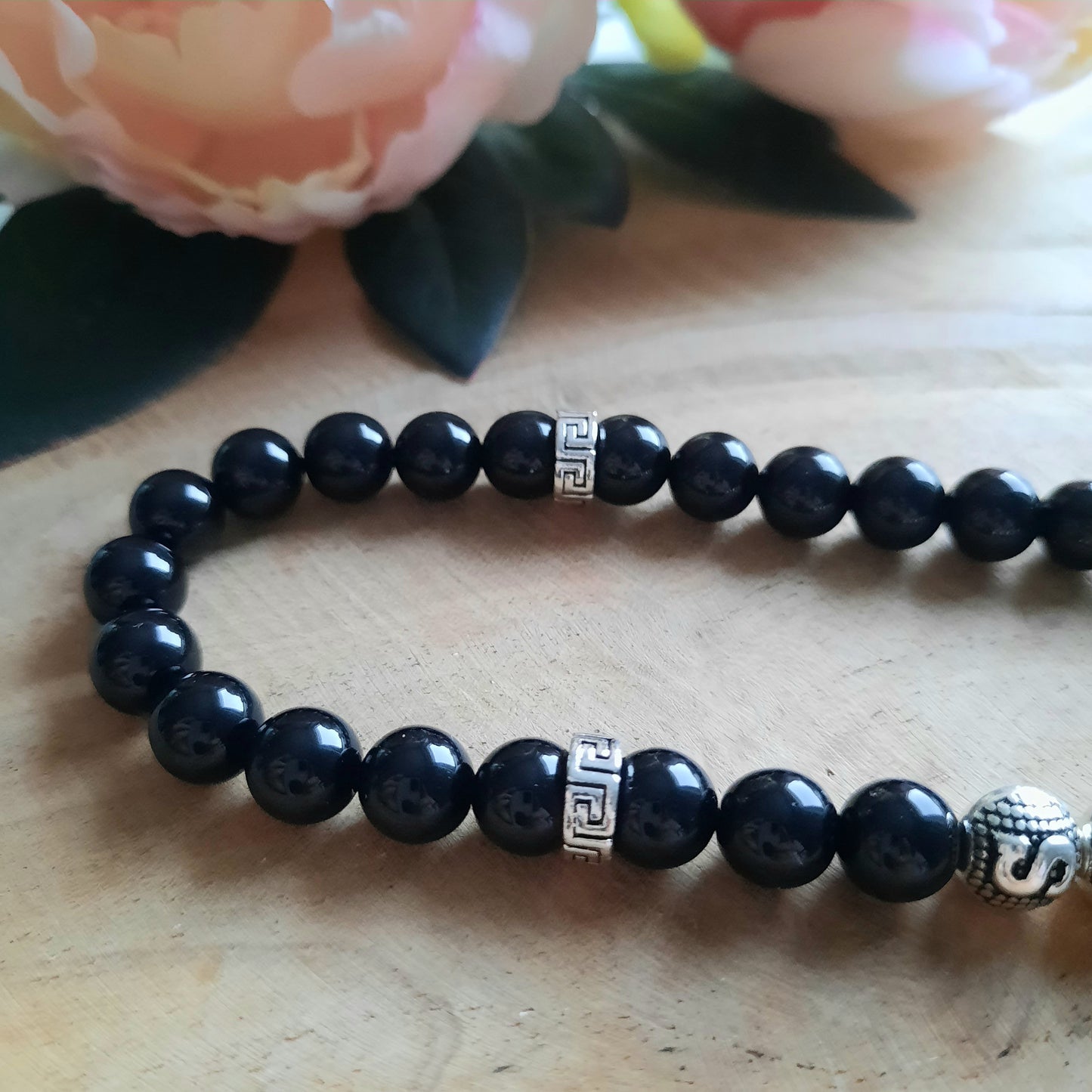 INDIVIDUELL SELBST GESTALTEN: Tesbih mit Onyx Natursteinperlen schwarz GLANZ mit Wunschname & individuell ausgesuchten Zubehörteilen