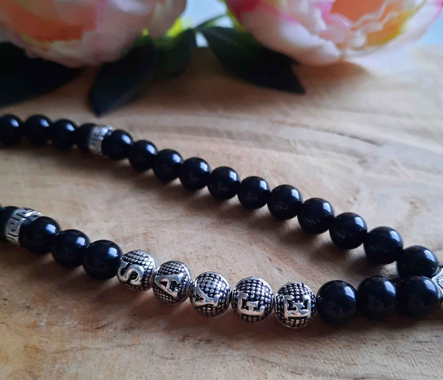 INDIVIDUELL SELBST GESTALTEN: Tesbih mit Onyx Natursteinperlen schwarz GLANZ mit Wunschname & individuell ausgesuchten Zubehörteilen