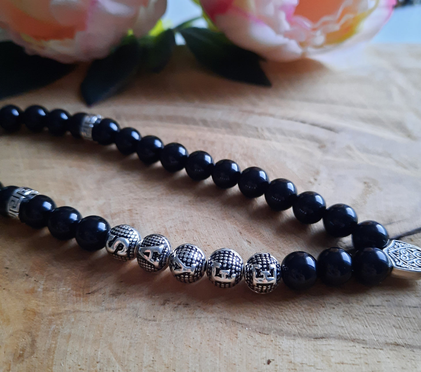 Tesbih AYYILDIZ mit Wunschname und Onyx Natursteinperlen in schwarz GLANZ