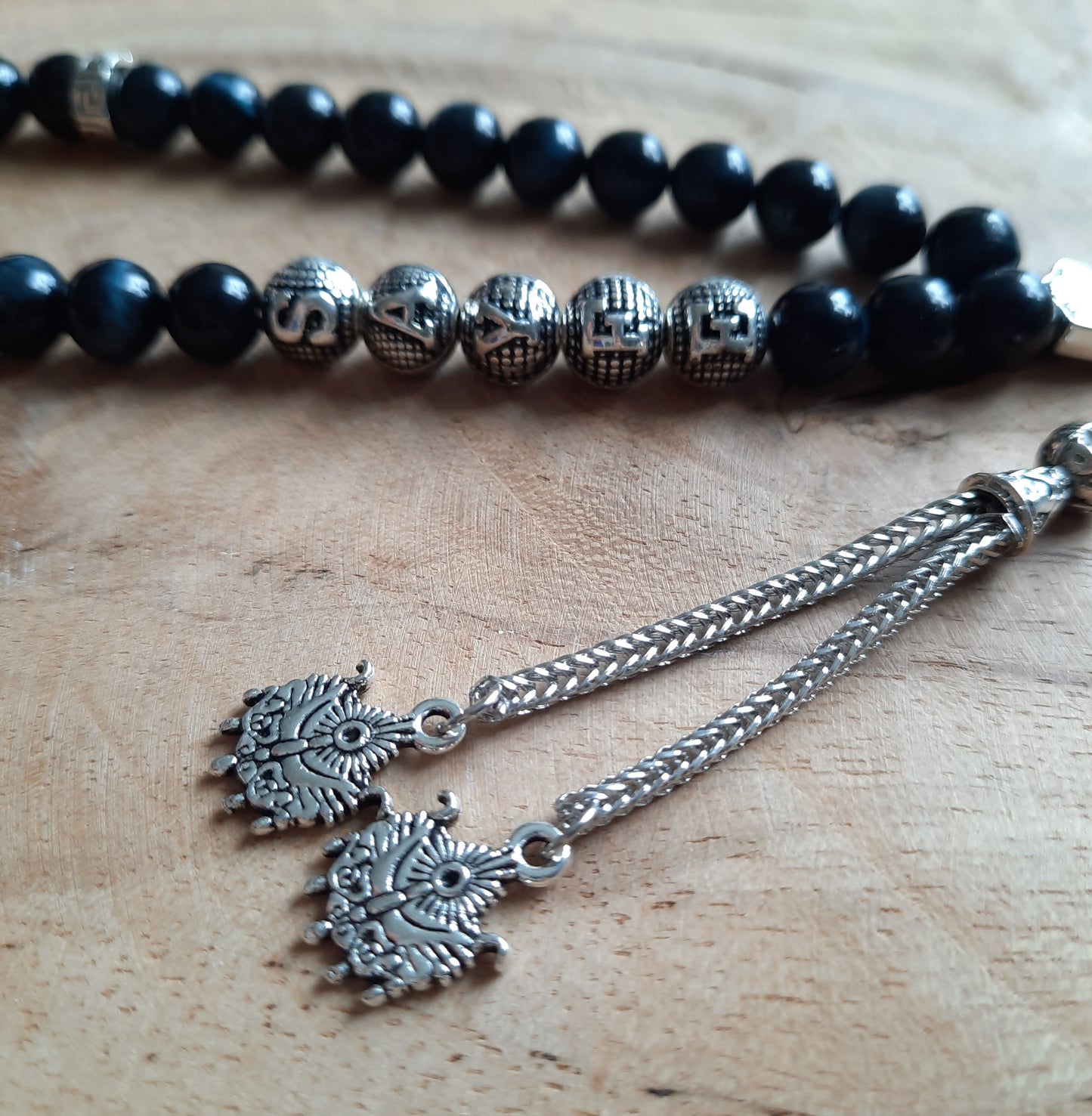 Tesbih mit Wunschname Tigerauge schwarz-blau Osmanlı Arması