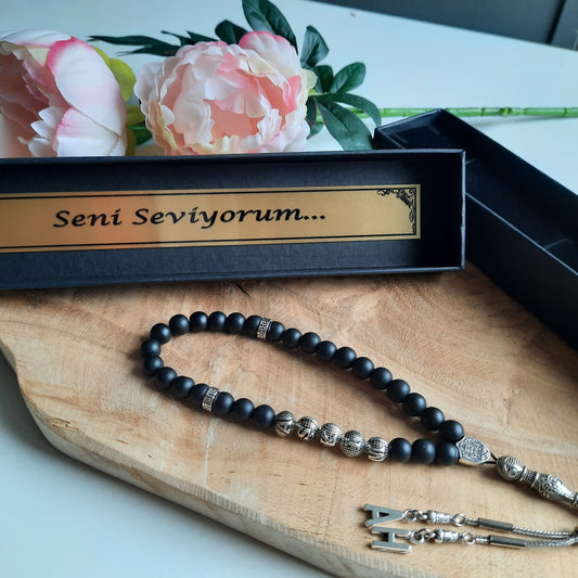 Tesbih als Komplett-SET , 3-teilig: Tesbih mit Wunschname + Kartonbox + Spruch