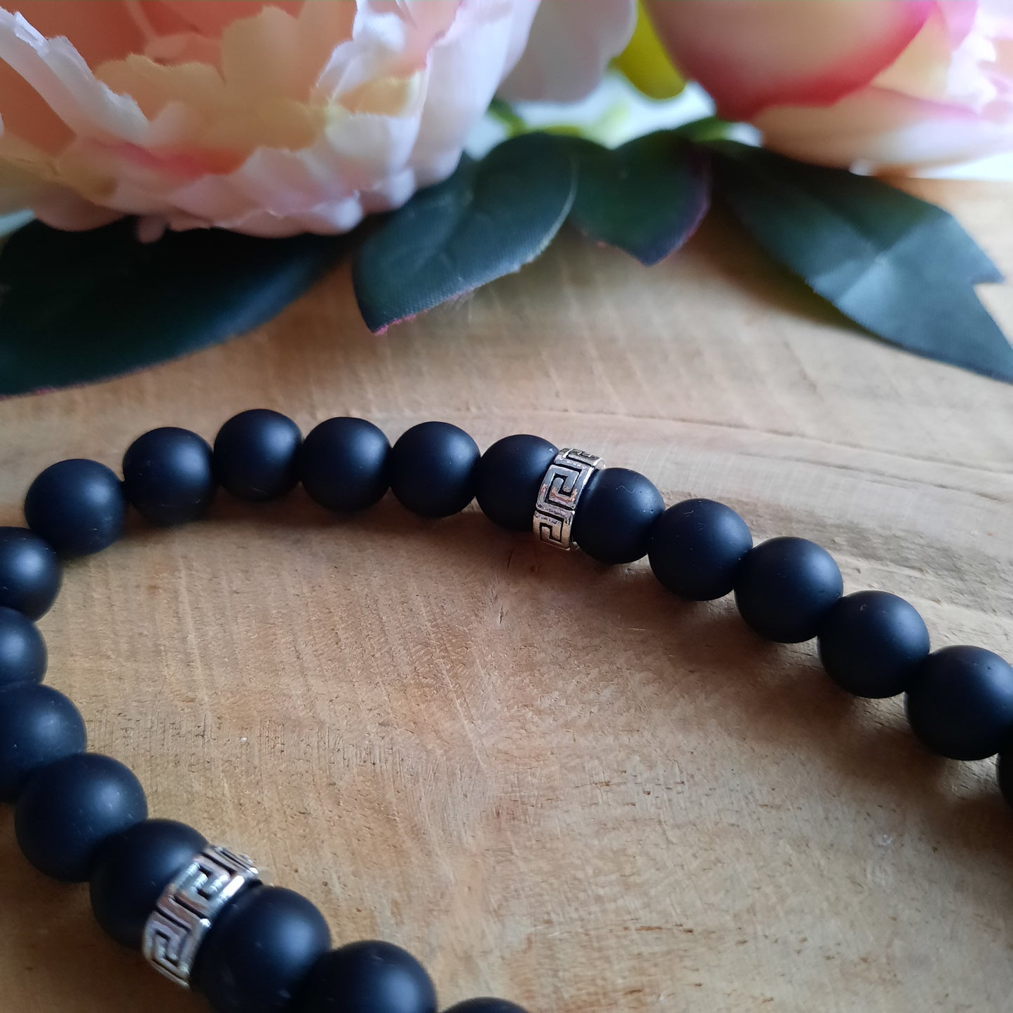 Tesbih AYYILDIZ mit Wunschname mit Onyx Natursteinperlen schwarz matt