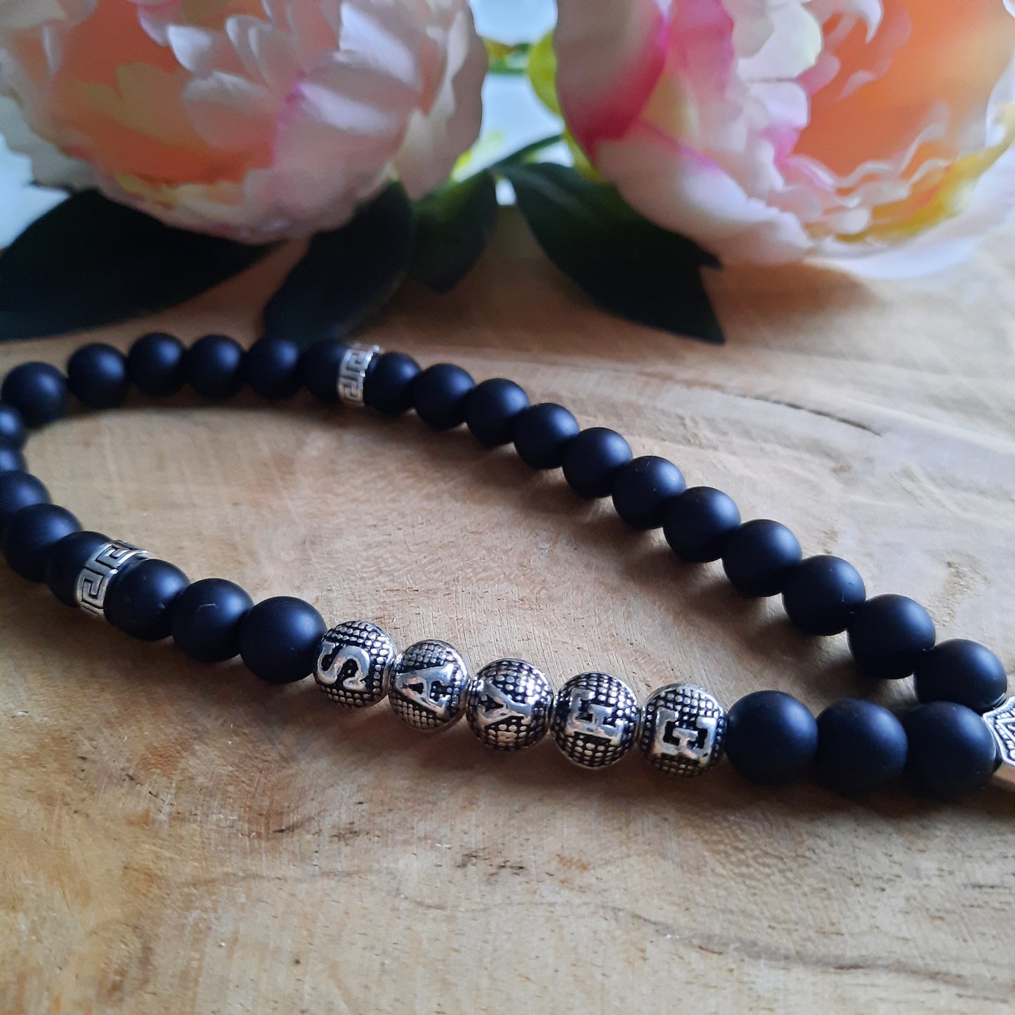 Tesbih AYYILDIZ mit Wunschname mit Onyx Natursteinperlen schwarz matt