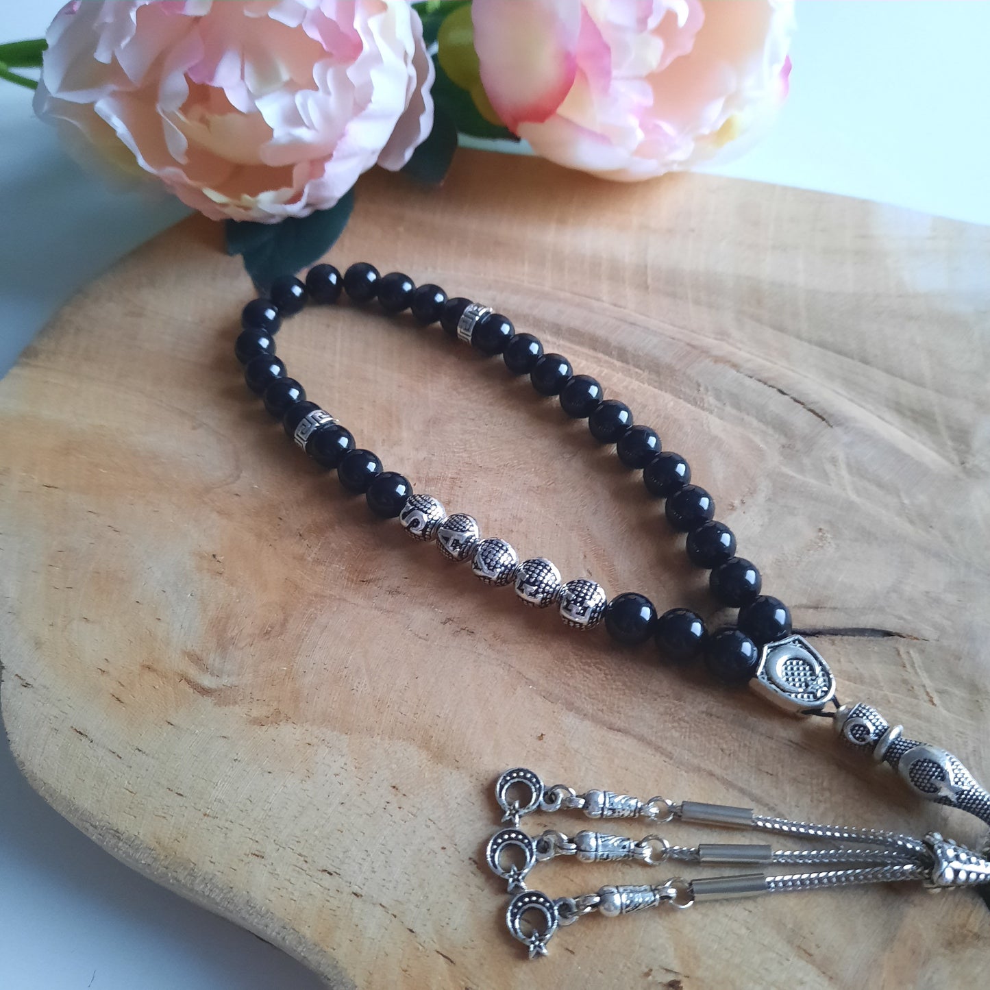 Tesbih AYYILDIZ mit Wunschname und  Onyx Natursteinperlen in schwarz GLANZ