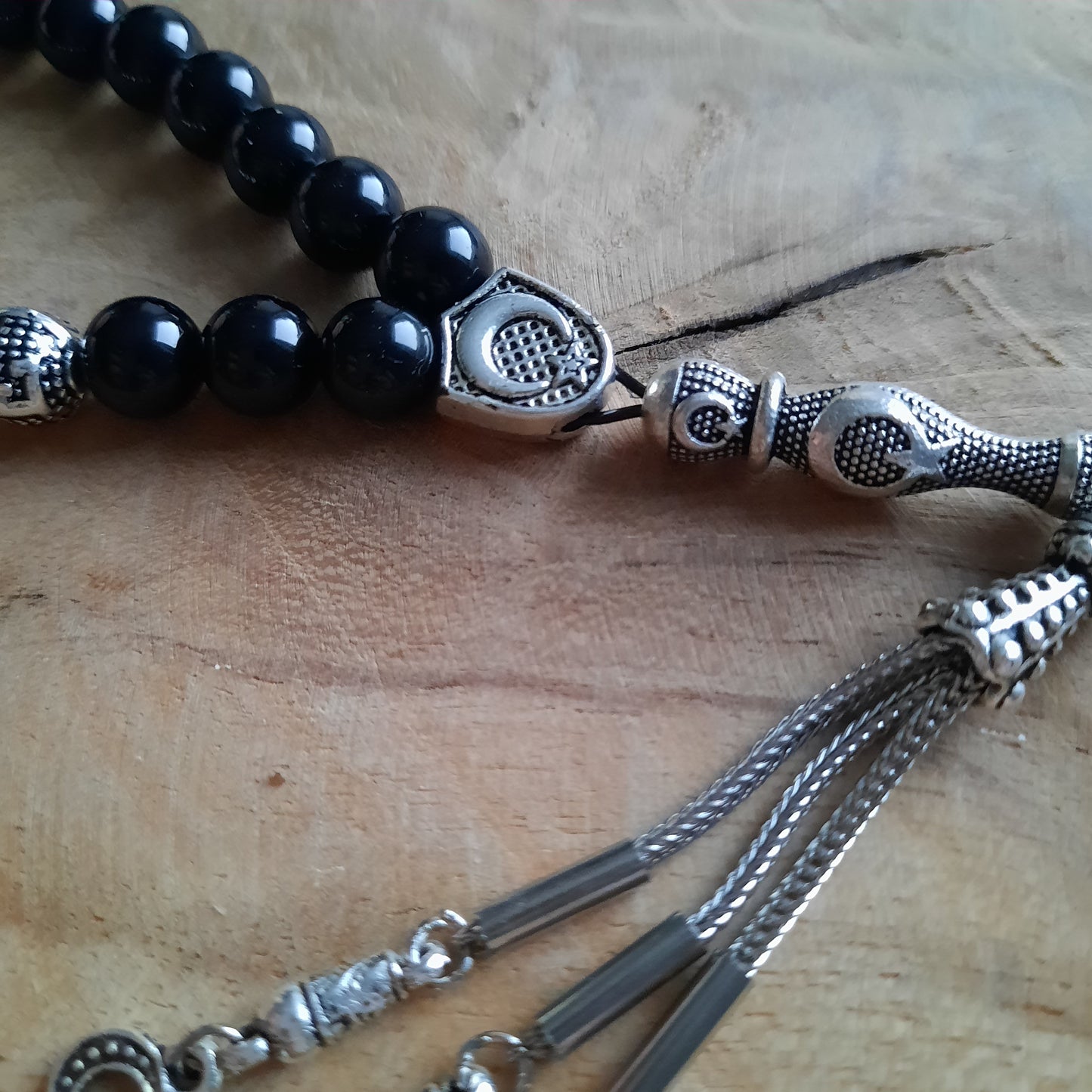 Tesbih AYYILDIZ mit Wunschname und  Onyx Natursteinperlen in schwarz GLANZ