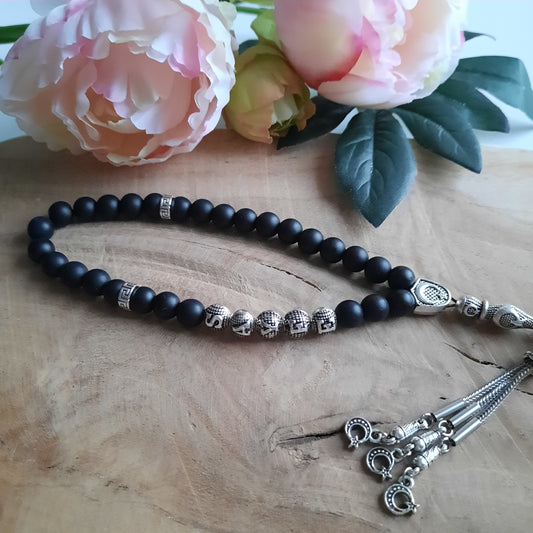 Tesbih AYYILDIZ mit Wunschname mit Onyx Natursteinperlen schwarz matt