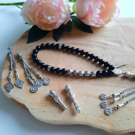 INDIVIDUELL SELBST GESTALTEN: Tesbih mit Onyx Natursteinperlen schwarz GLANZ mit Wunschname & individuell ausgesuchten Zubehörteilen