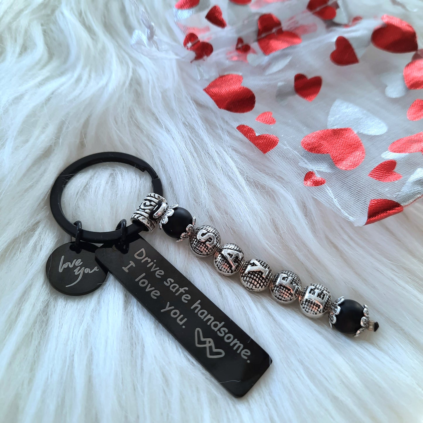 Personalisierter Schlüsselanhänger "Drive safe" mit Wunschname